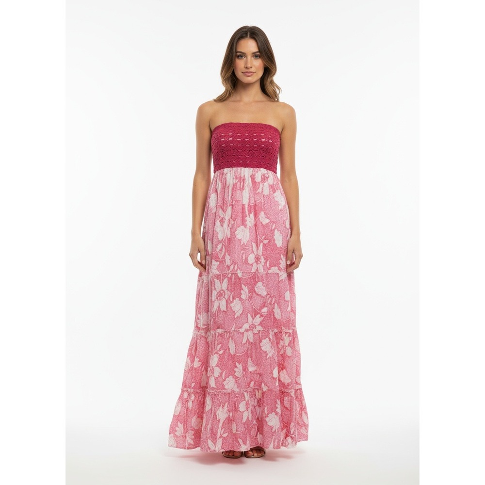 NEW‎ Chaudry Anthropologie Crochet Strapless Maxi Dress Pink Small